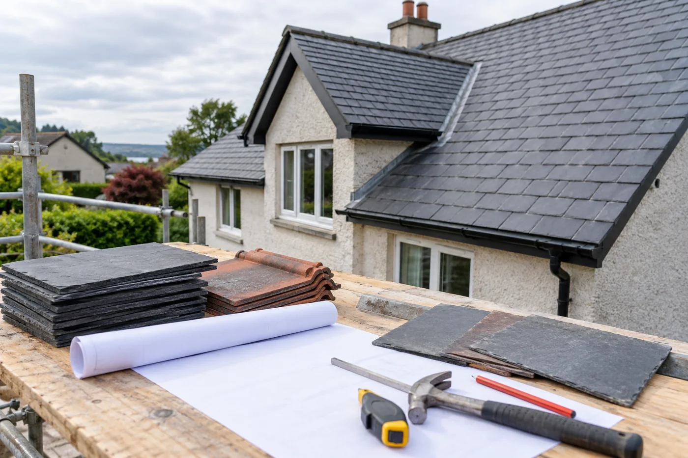 Roofing tools, material samples and a blank plan