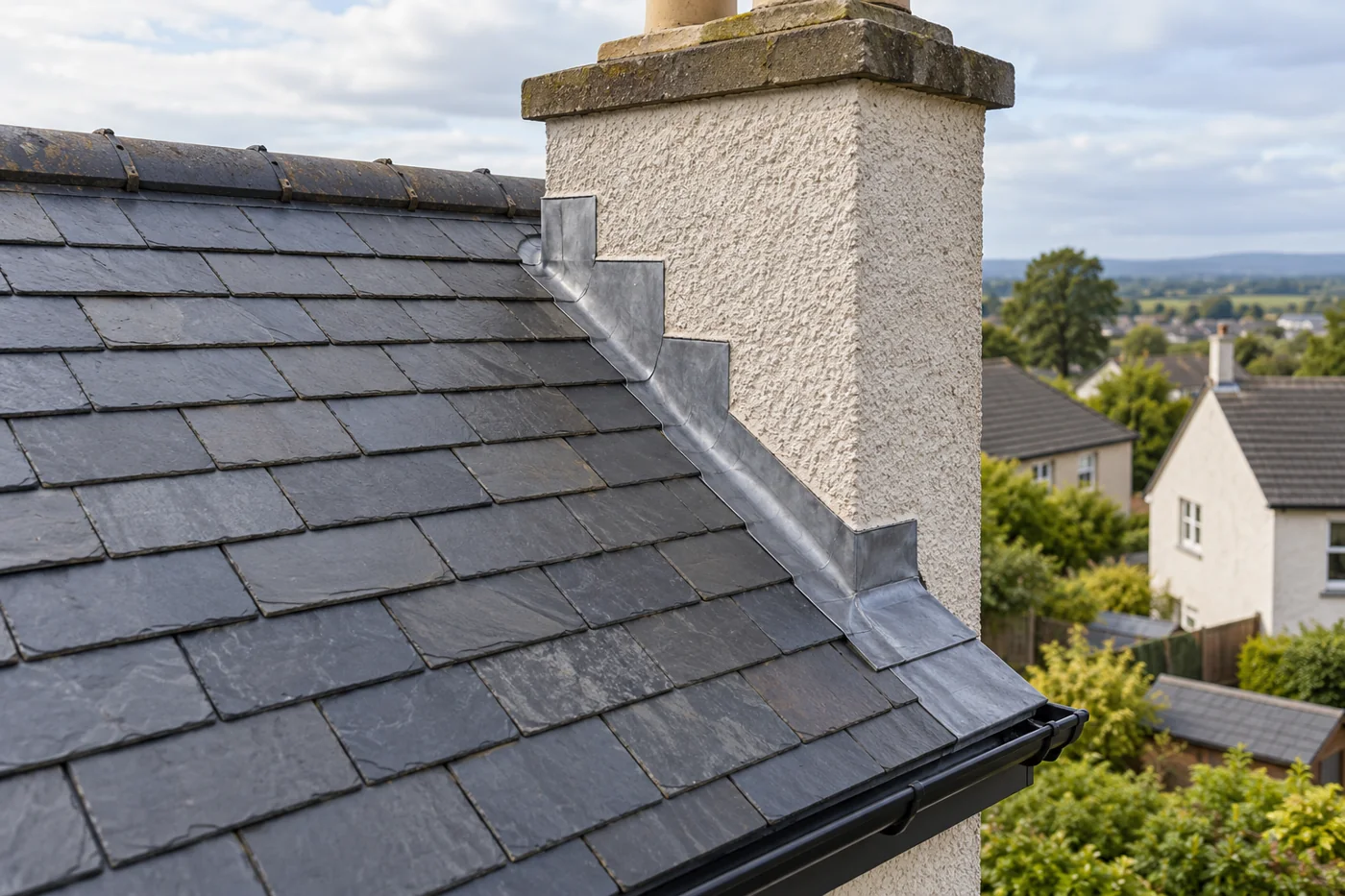 Chimney flashing and overlapping slate roof coverings