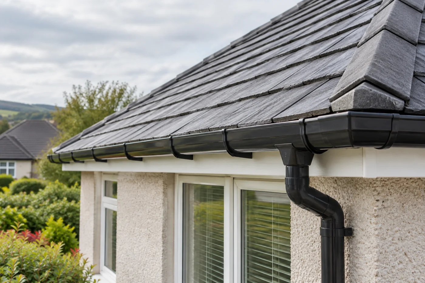 Guttering, fascia and downpipe beneath domestic roof eaves