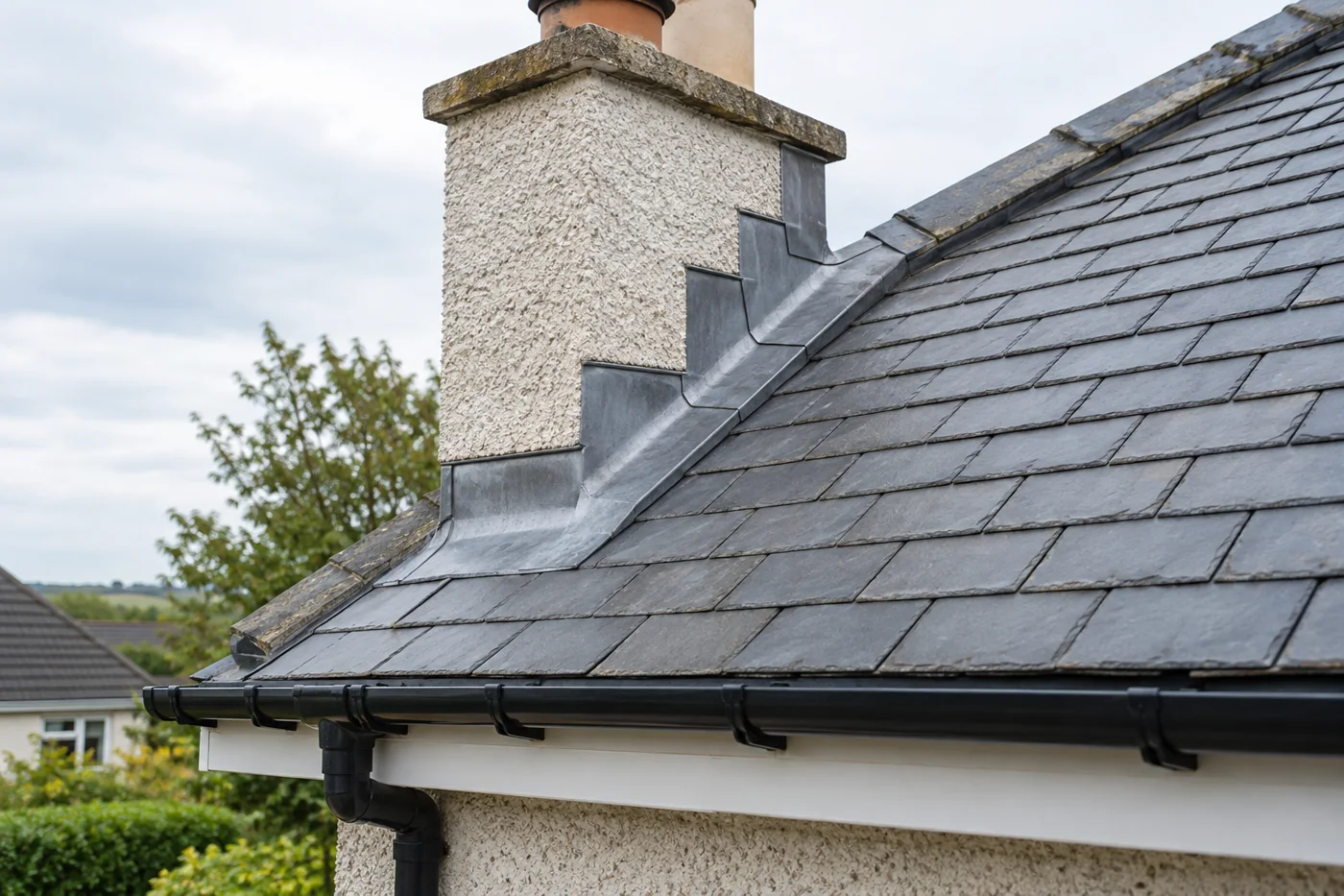 Chimney flashing and overlapping slate roof coverings