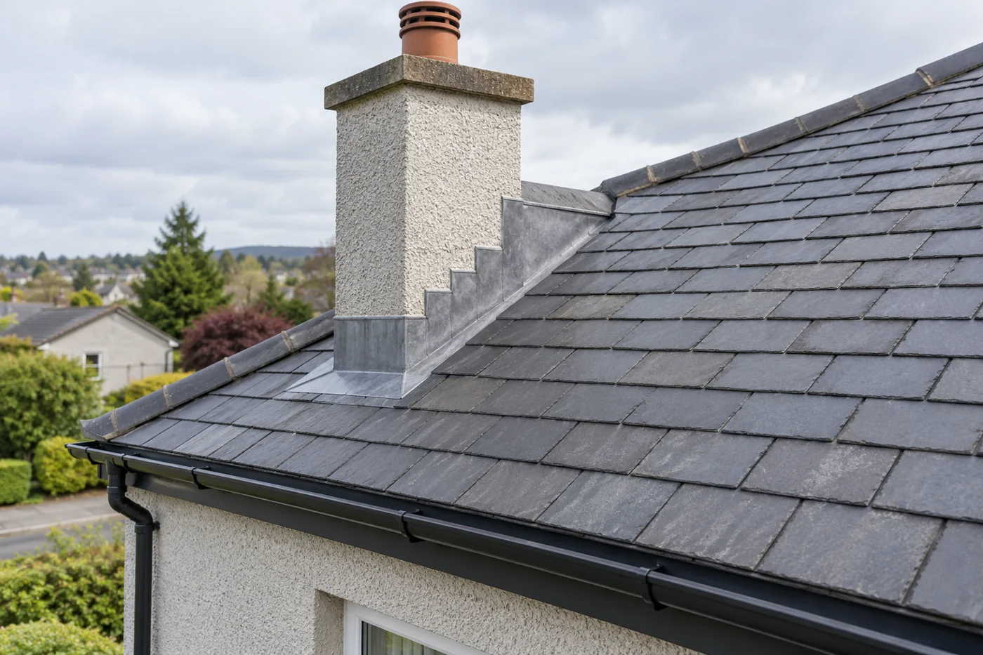 Chimney flashing and overlapping slate roof coverings