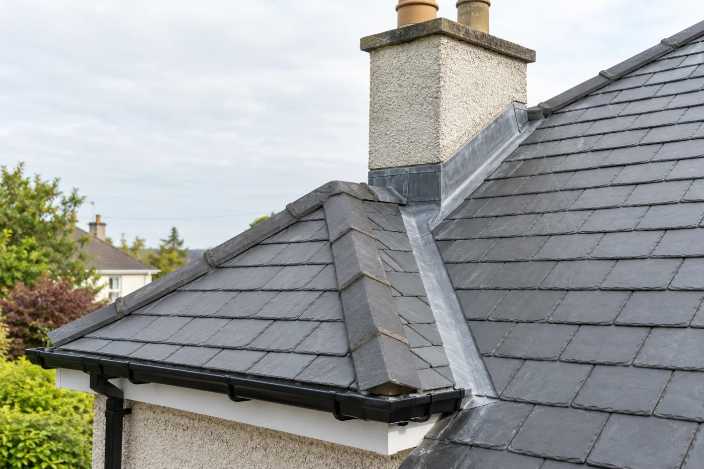 Chimney flashing and overlapping slate roof coverings