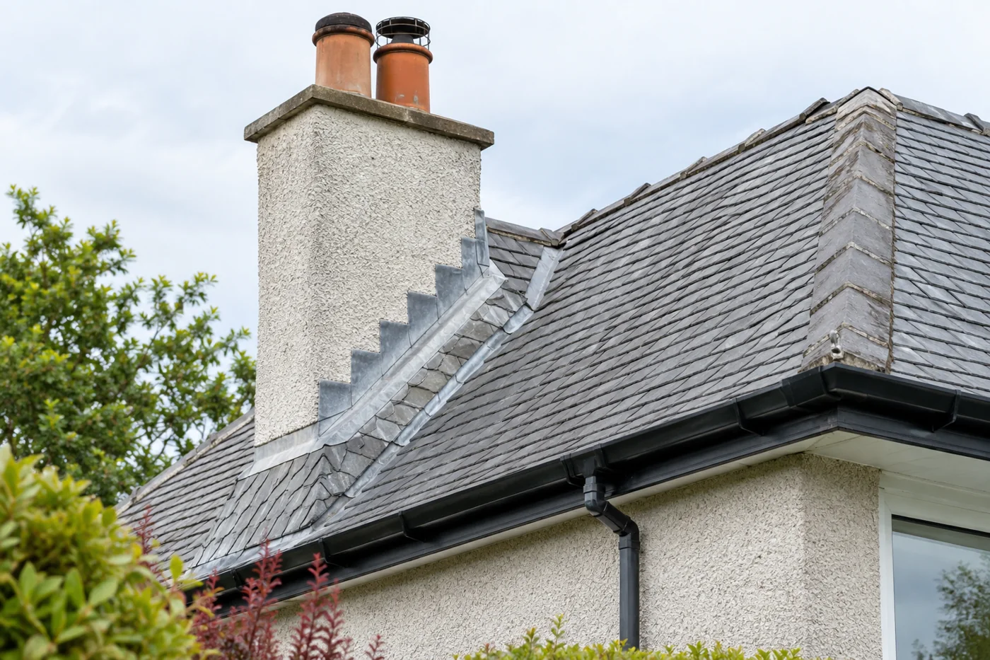 Chimney flashing and overlapping slate roof coverings
