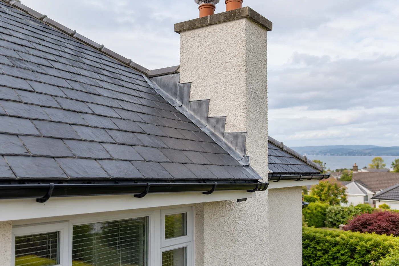 Chimney flashing and overlapping slate roof coverings