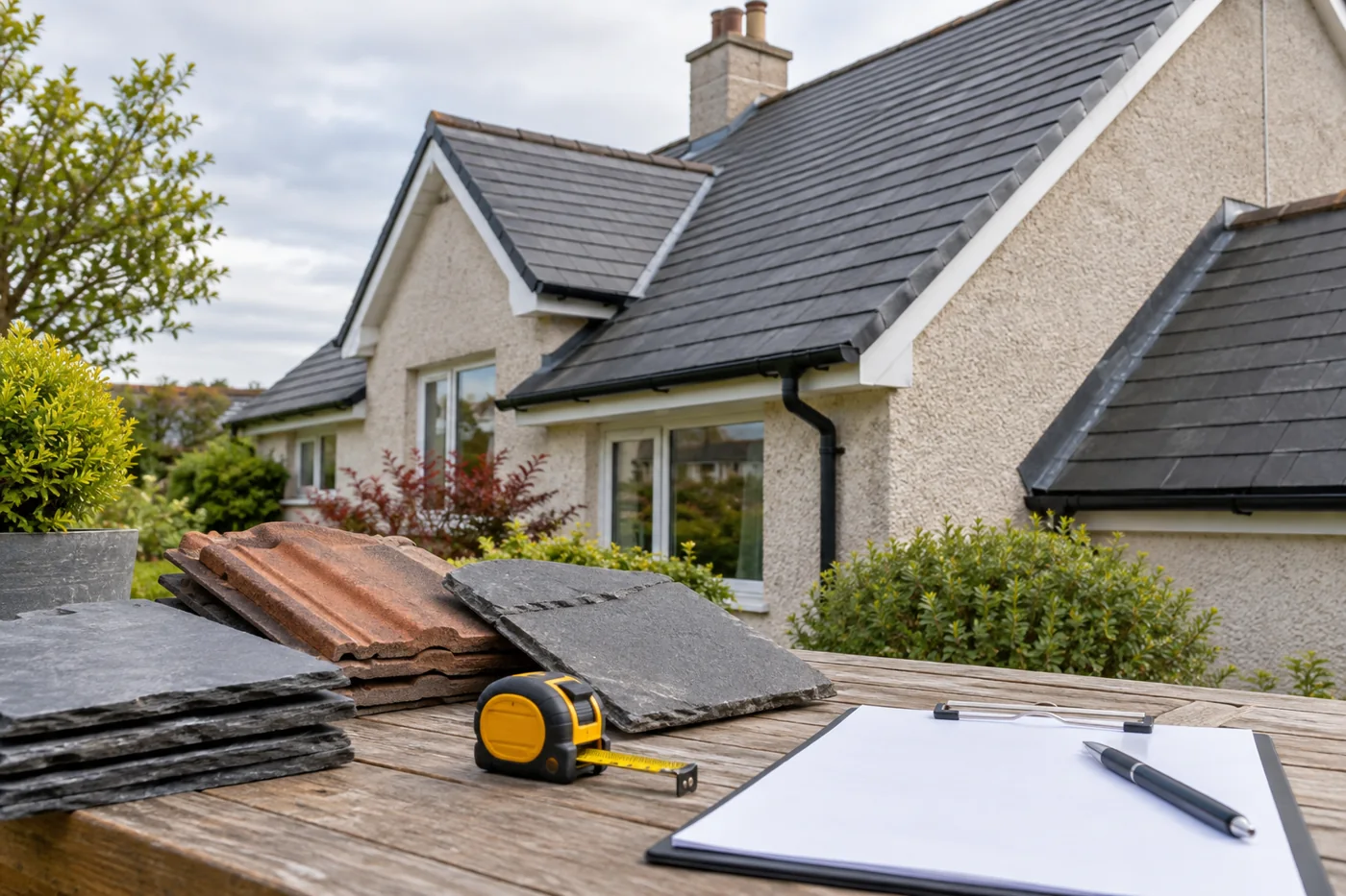 Roofing material samples and measuring tools