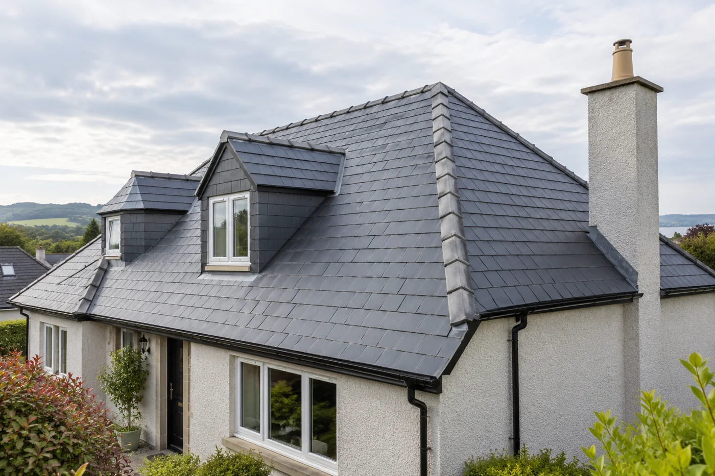 Natural slate roof with a clear ridge