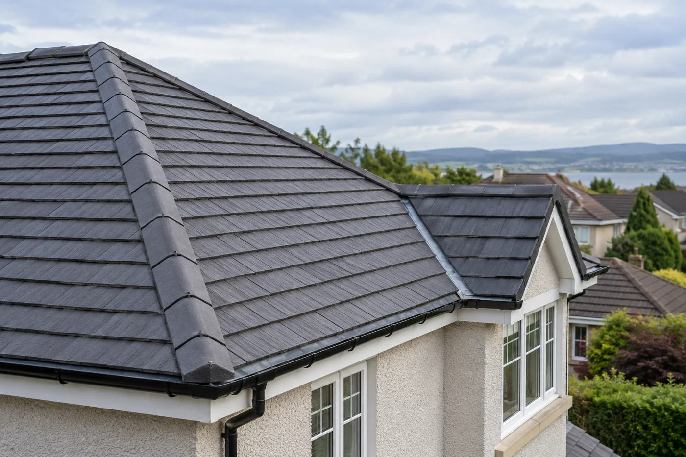 Pitched roof with a hip ridge and guttering