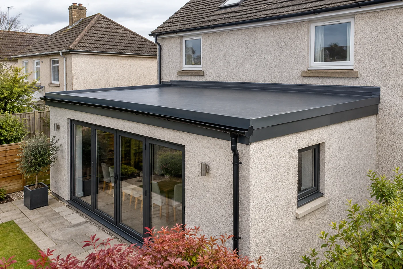 Flat roof extension with perimeter trim