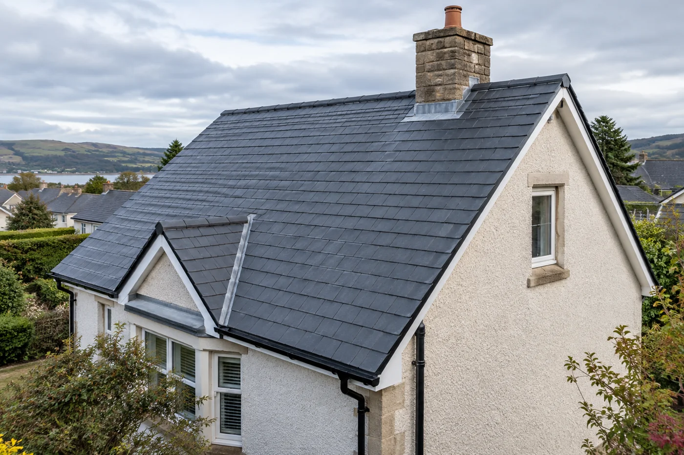 Domestic gable roof showing chimney and roof edges