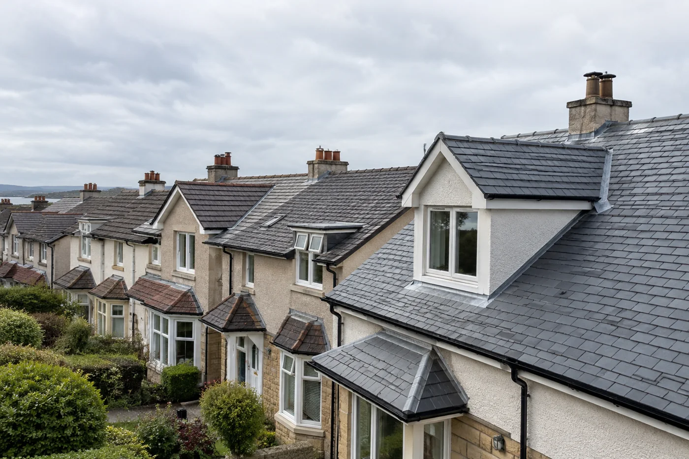Pitched roofs along a residential street