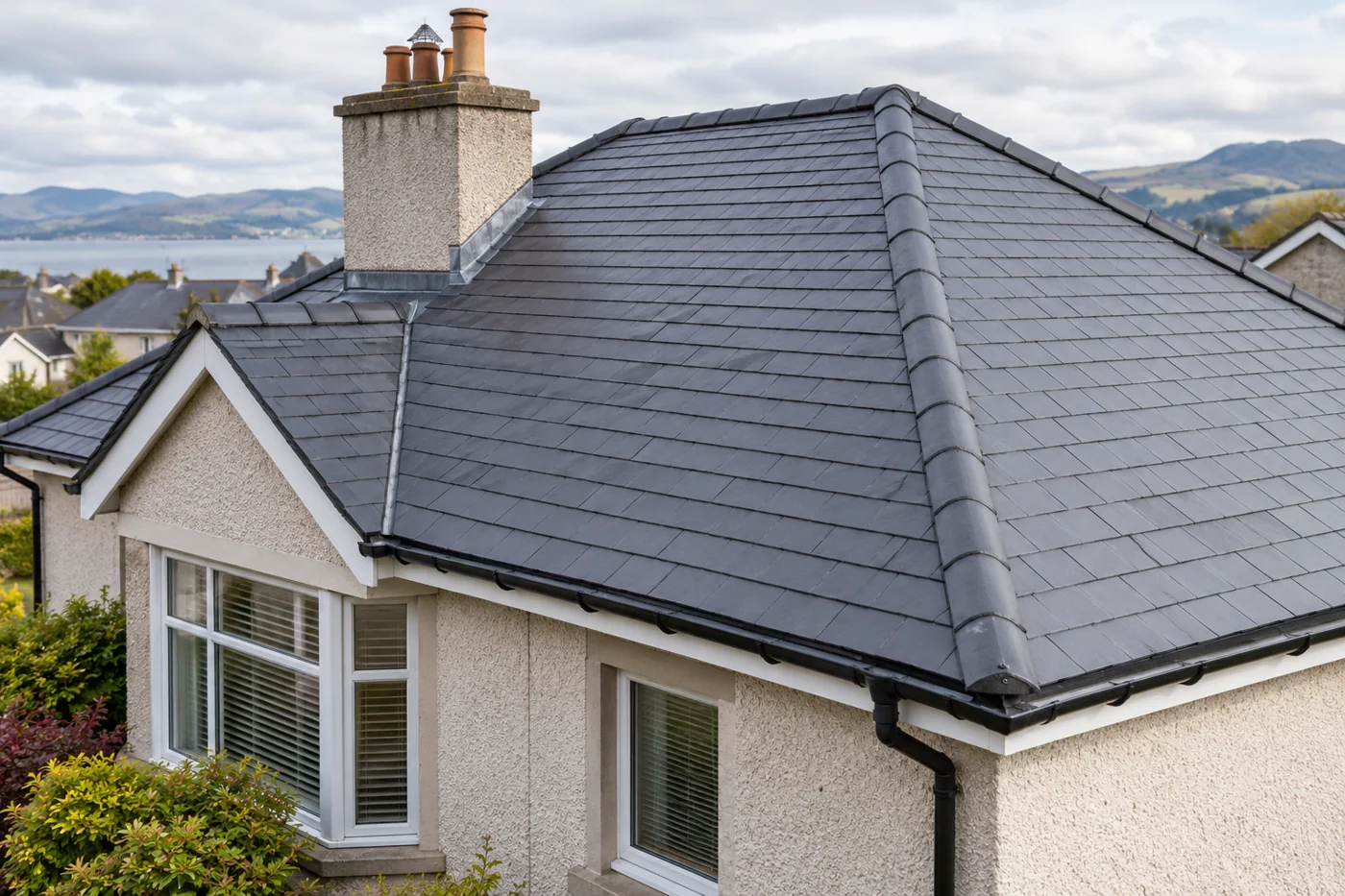 Pitched domestic roof with chimney and eaves