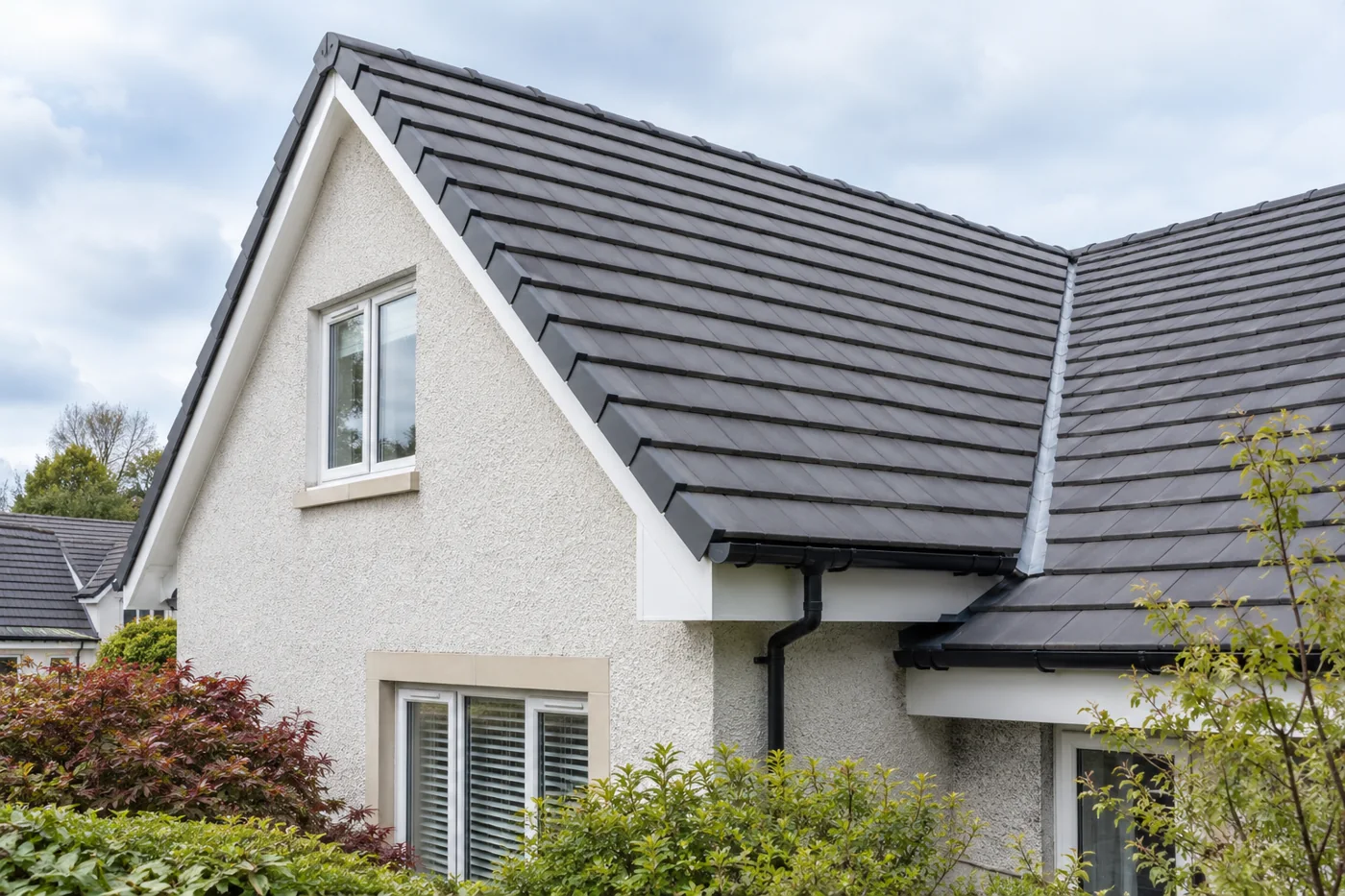 Tiled pitched roof and ridge