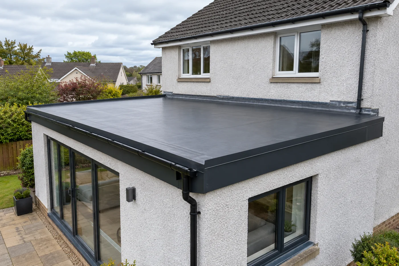 Flat roof extension with dark roof covering