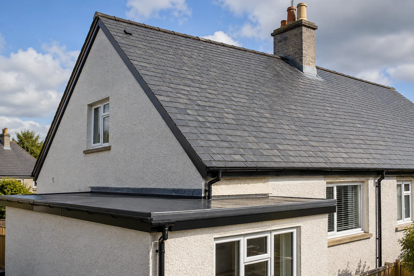 Pitched roof with a domestic flat roof extension