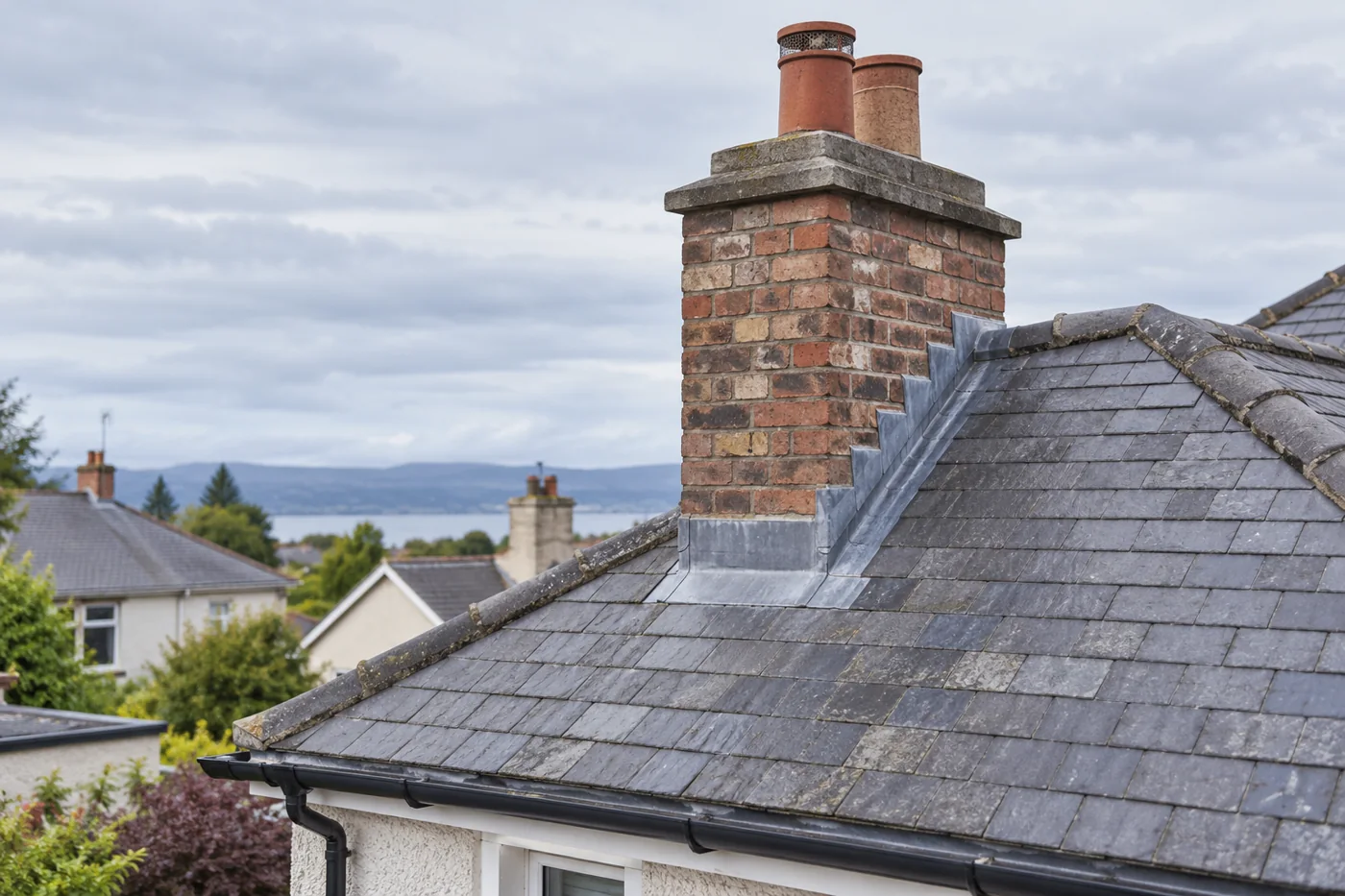 Brick chimney and lead flashing on a pitched roof