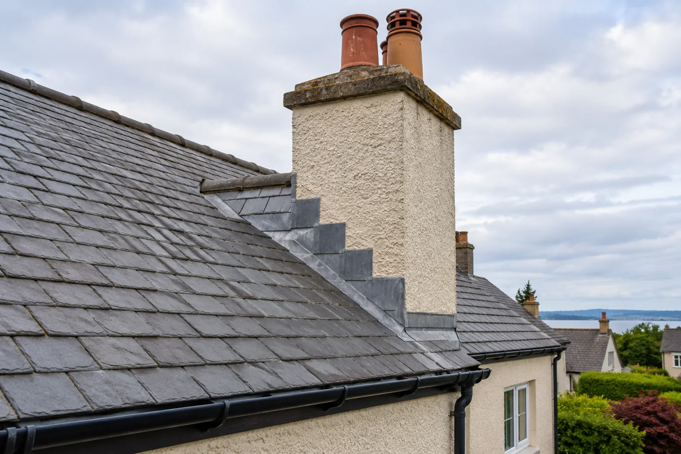 Chimney junction with stepped flashing and slates