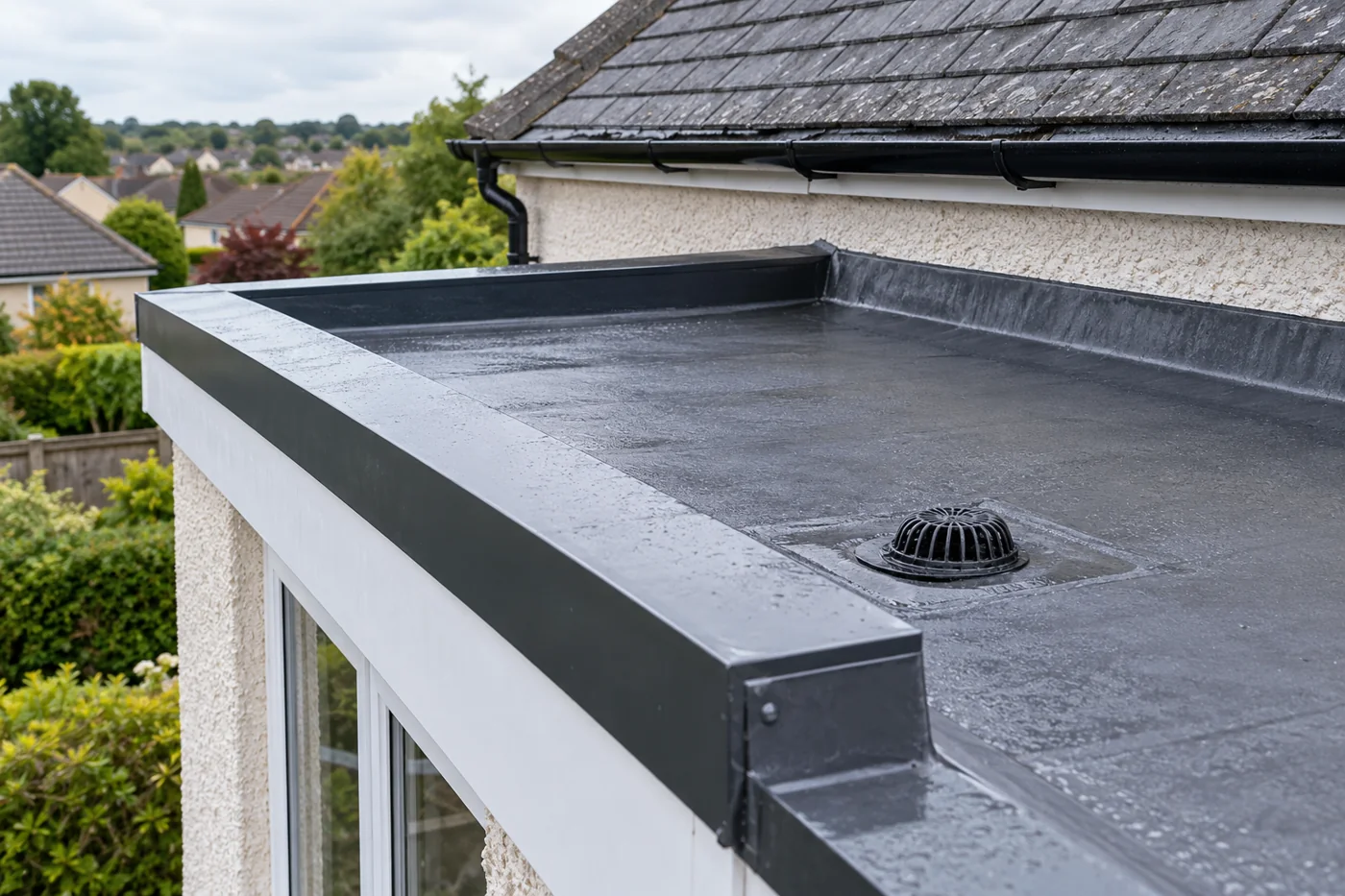 Flat roof perimeter trim and drainage detail