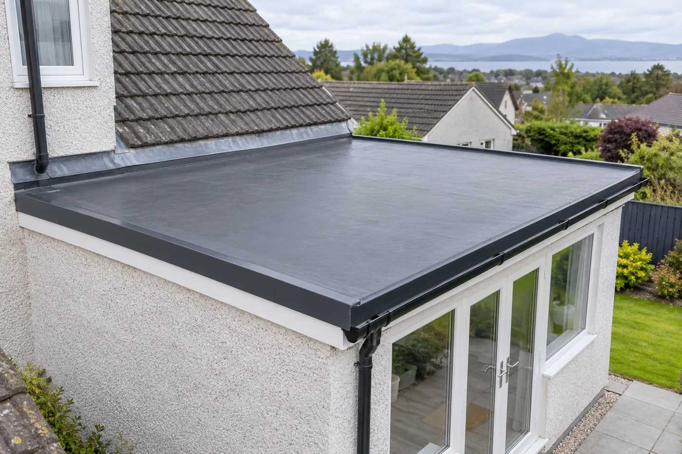 Flat roof extension with dark roof covering