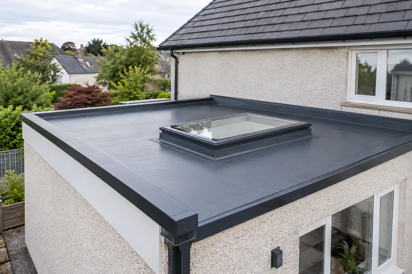 Flat roof with rooflight and wall abutment