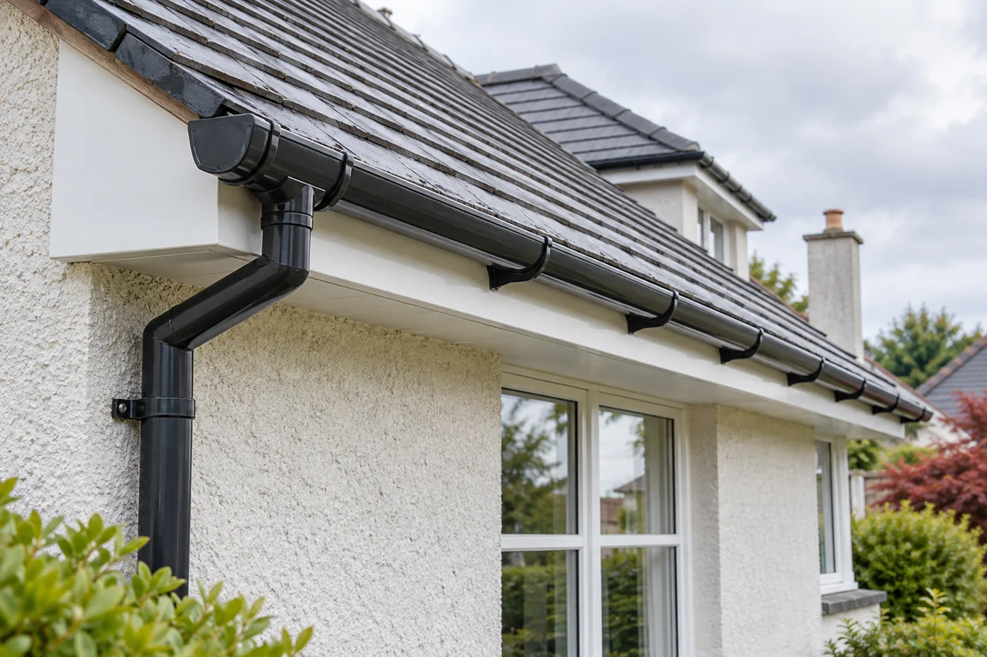 Domestic guttering and downpipe beneath the eaves