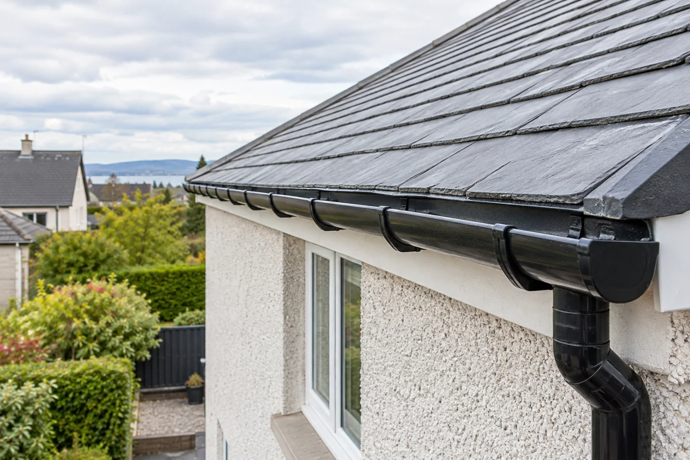 Gutter run and brackets along a roof edge