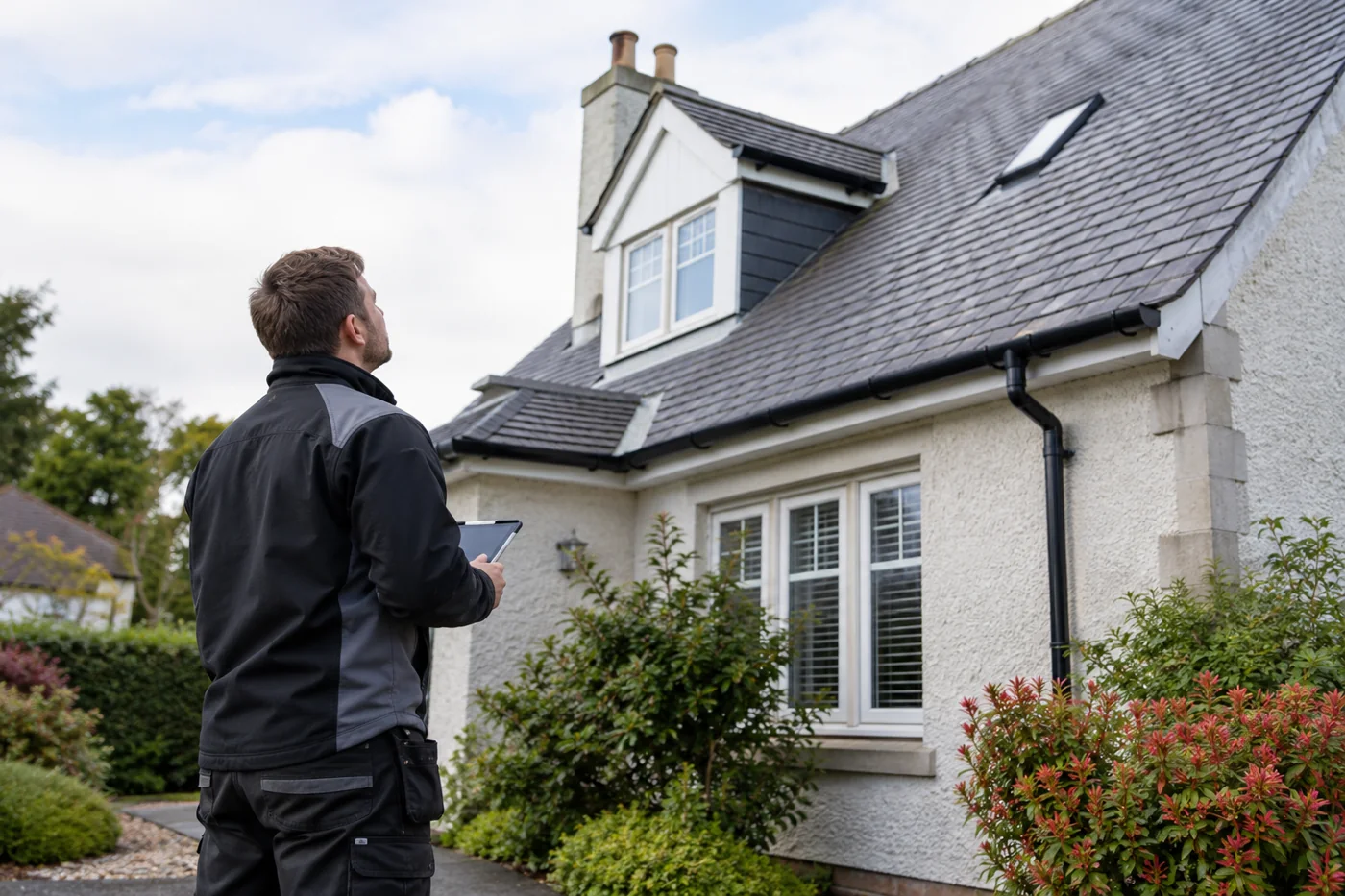 Roofer inspecting a domestic roof from ground level