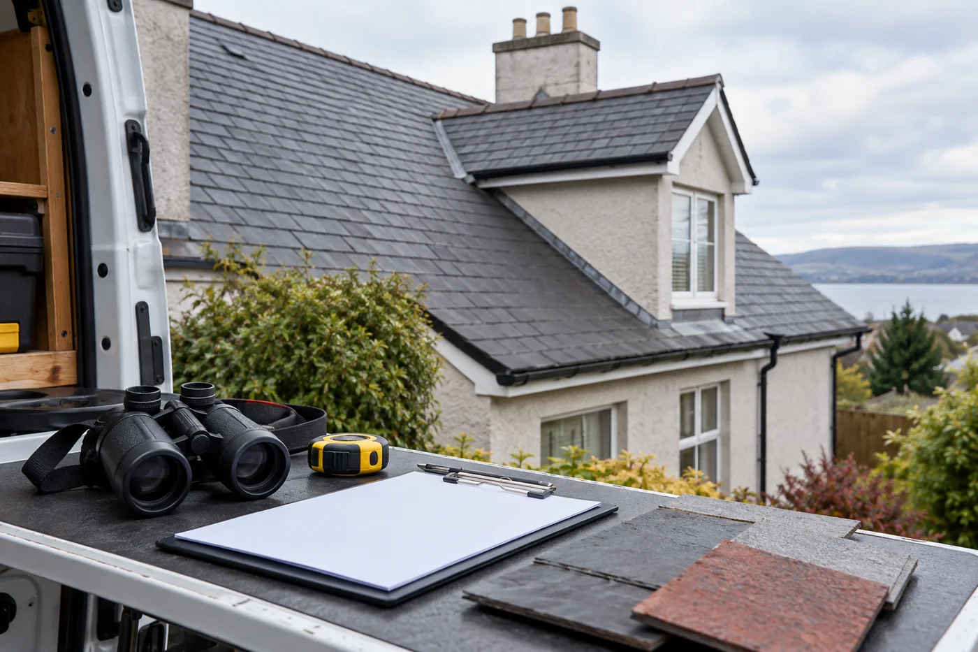 Roof inspection tools and blank clipboard