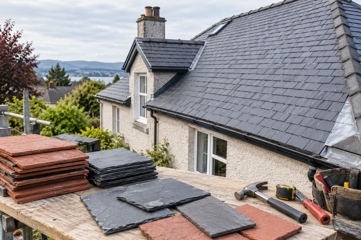 Roofing hand tools with slate and tile samples