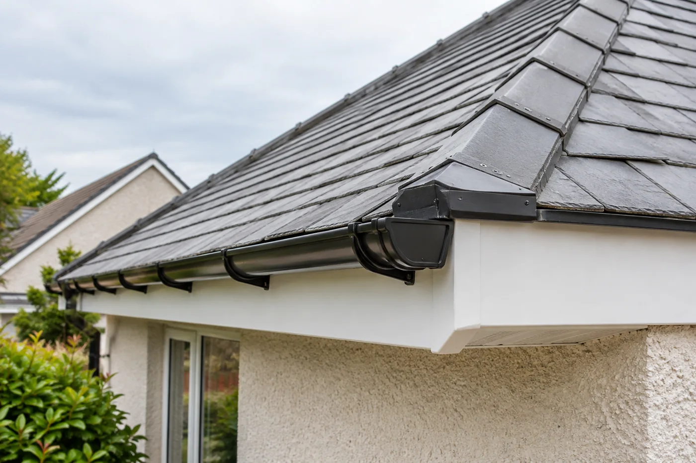 Roof covering, fascia and gutter at the eaves