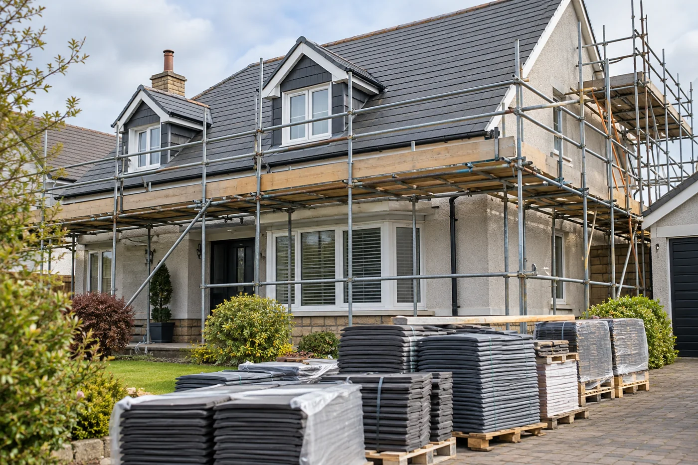 Roofing materials beside a house with guarded scaffolding