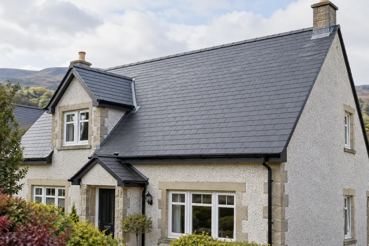 Natural slate pitched roof on a domestic house