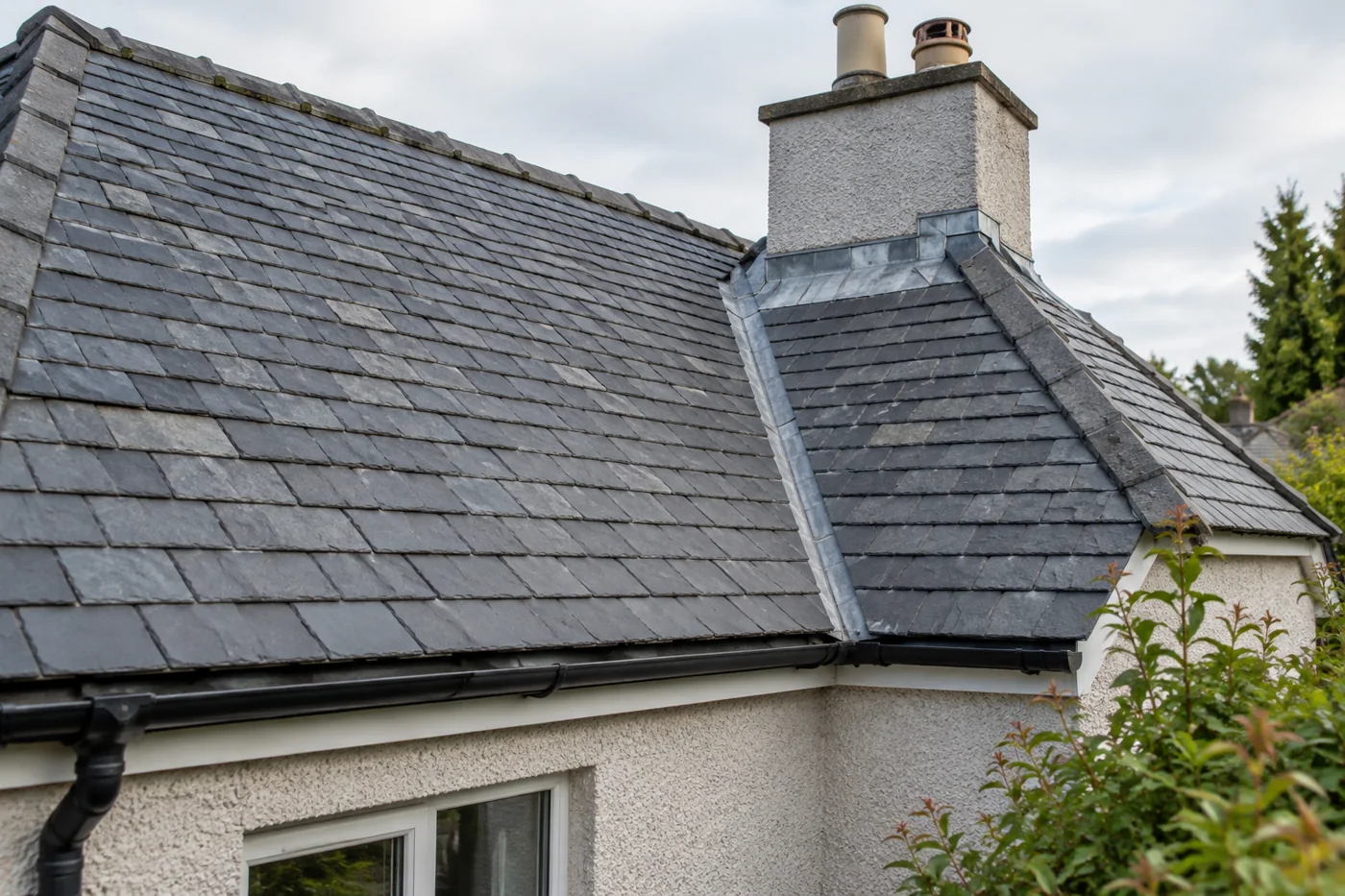 Slate valley and chimney flashing junction