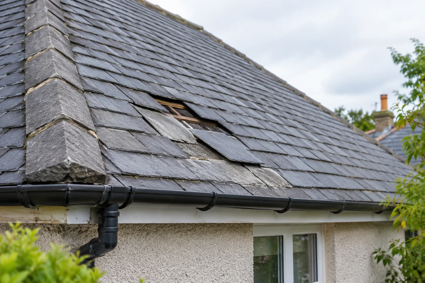 Slipped slates beside intact roof courses