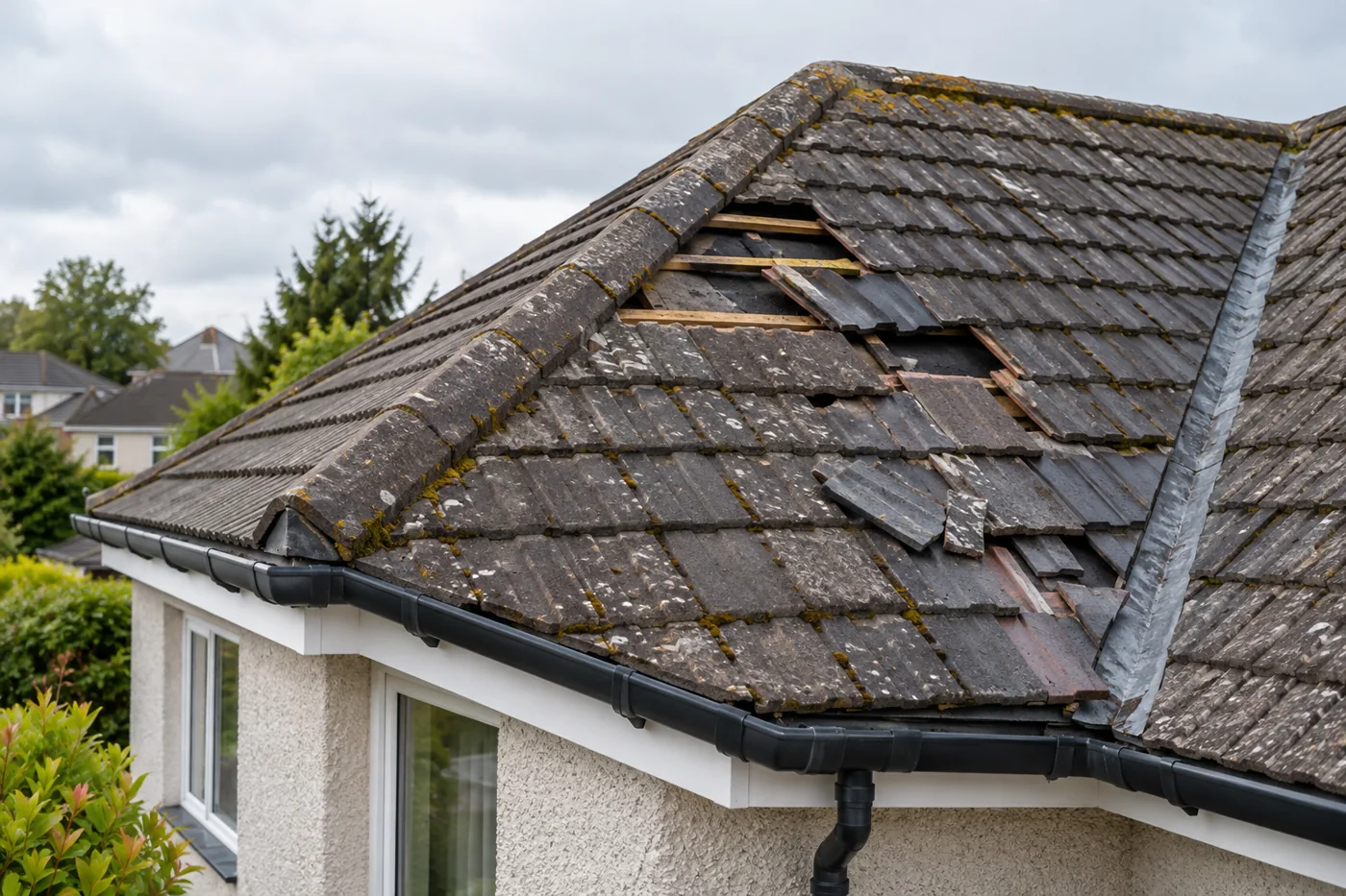 Displaced roof coverings after bad weather