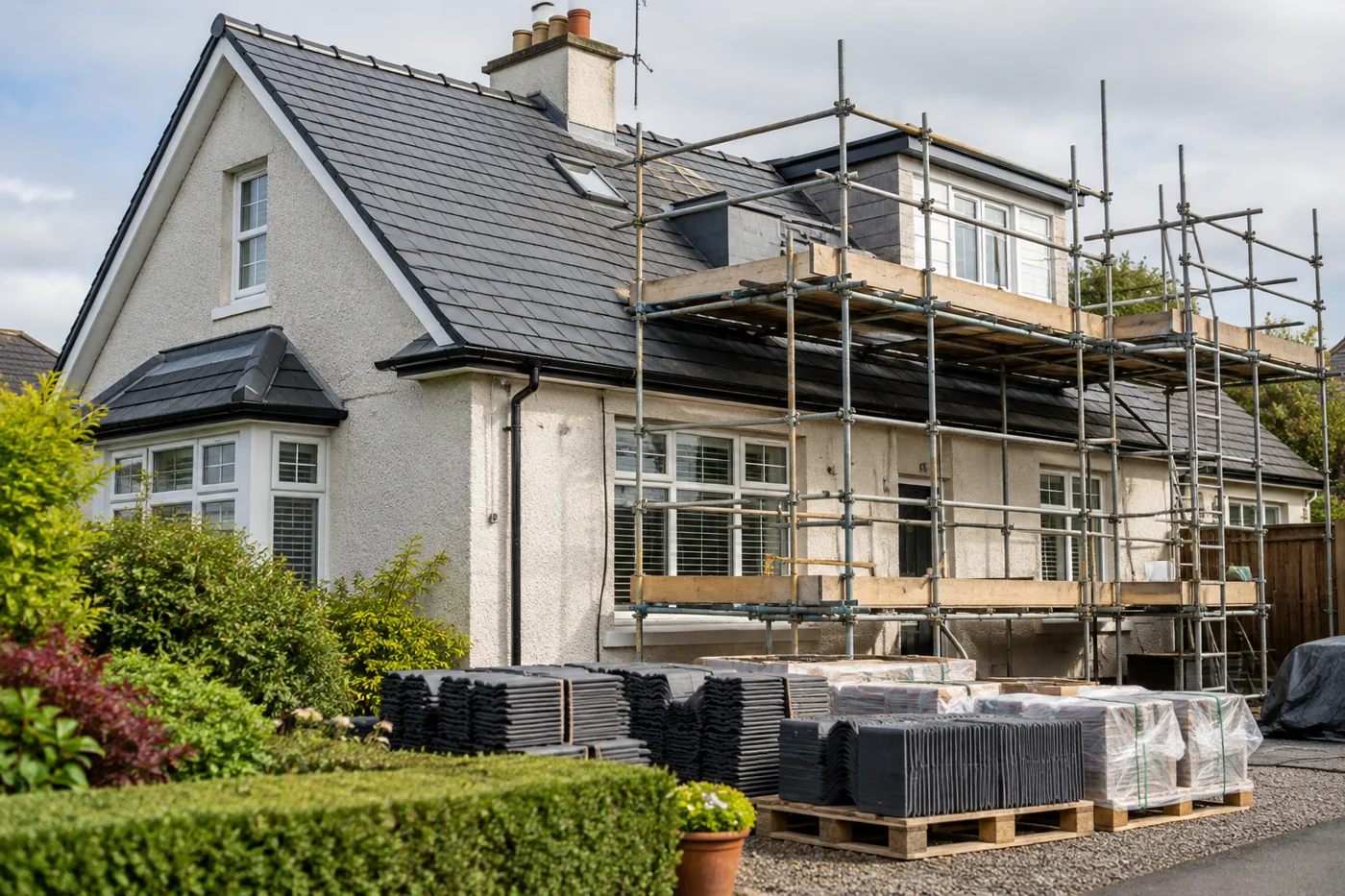 Replacement roofing materials and guarded scaffold